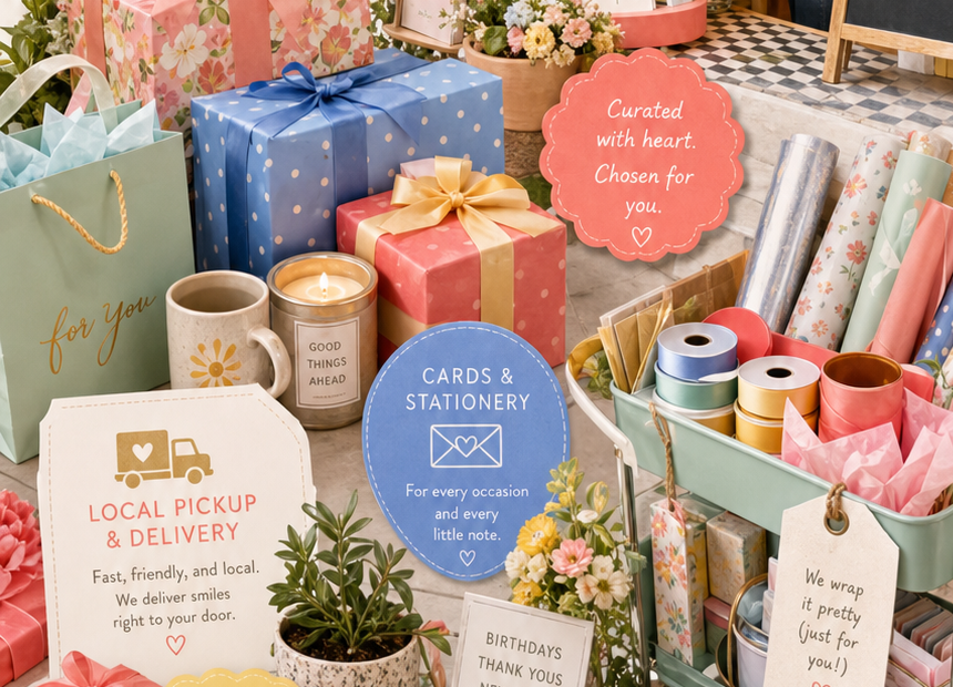 Wrapped gifts and paper goods display