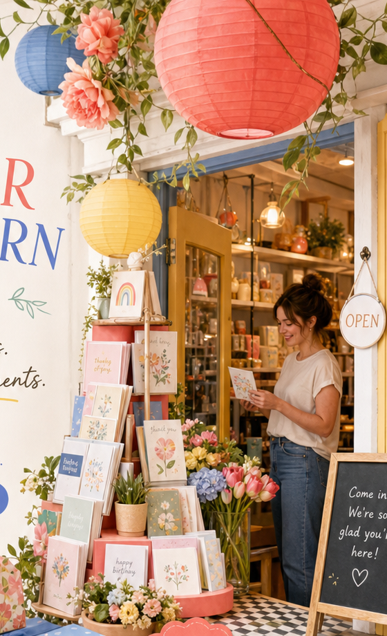 Paper Lantern Gifts storefront with lanterns and cards