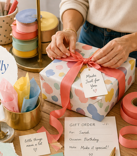 Gift being wrapped with ribbon